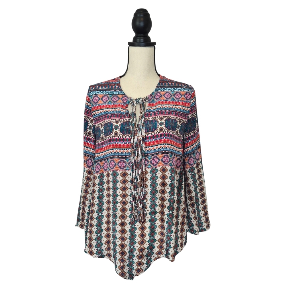 Tolani Top Multicolor Tunic VShaped Hem Split V Neck Fringe Tie Silk Womens Sz S